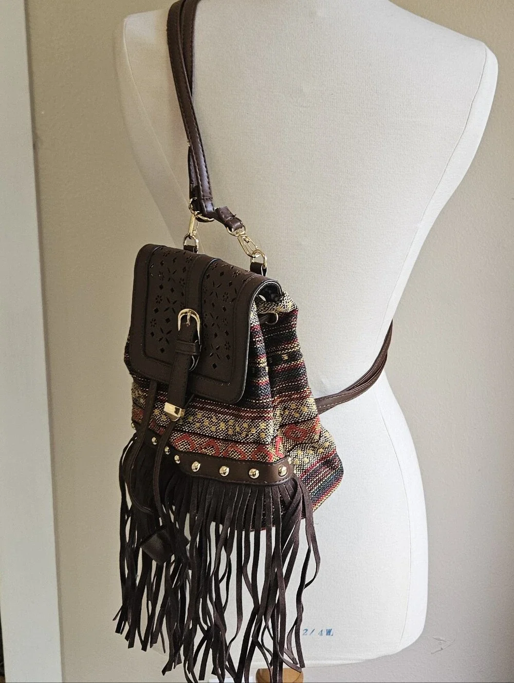 Fringed Brown Multi-Color Woven Crossbody Bag